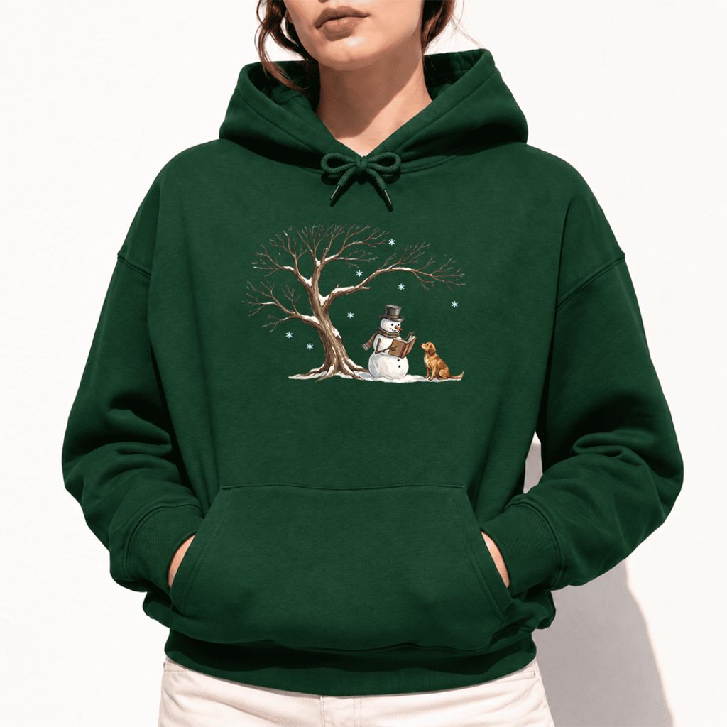 Golden Retriever And Snowman Under Tree Softstyle Hoodie | Christmas Reader Gift Forest Green