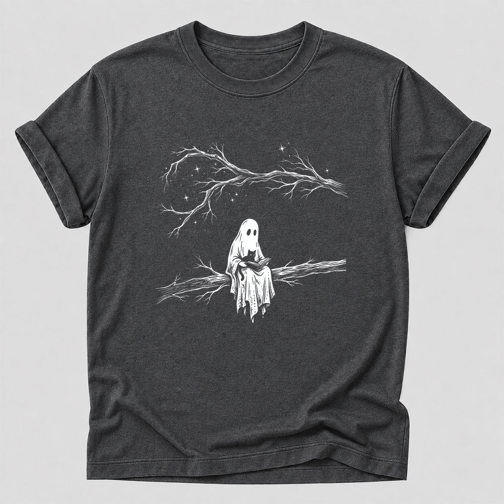 Reading Ghost With Black Cat Printed T-Shirt | Halloween Cat Lover Reader Gift Dark Heather