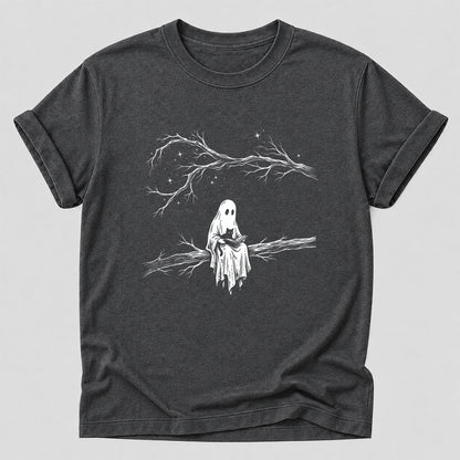 Reading Ghost With Black Cat Printed T-Shirt | Halloween Cat Lover Reader Gift Dark Heather