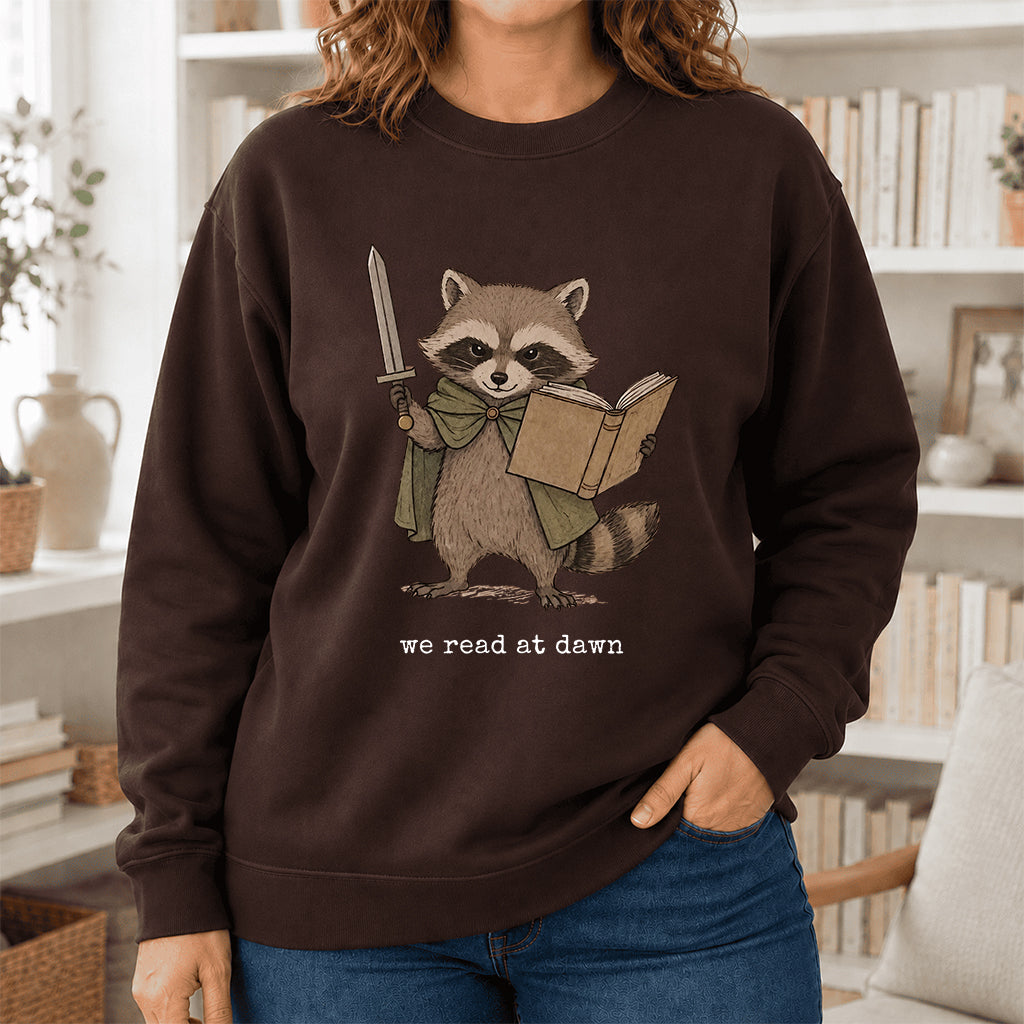 Raccoon We Read At Dawn Crewneck Sweatshirt | Reader Gift Dark Chocolate