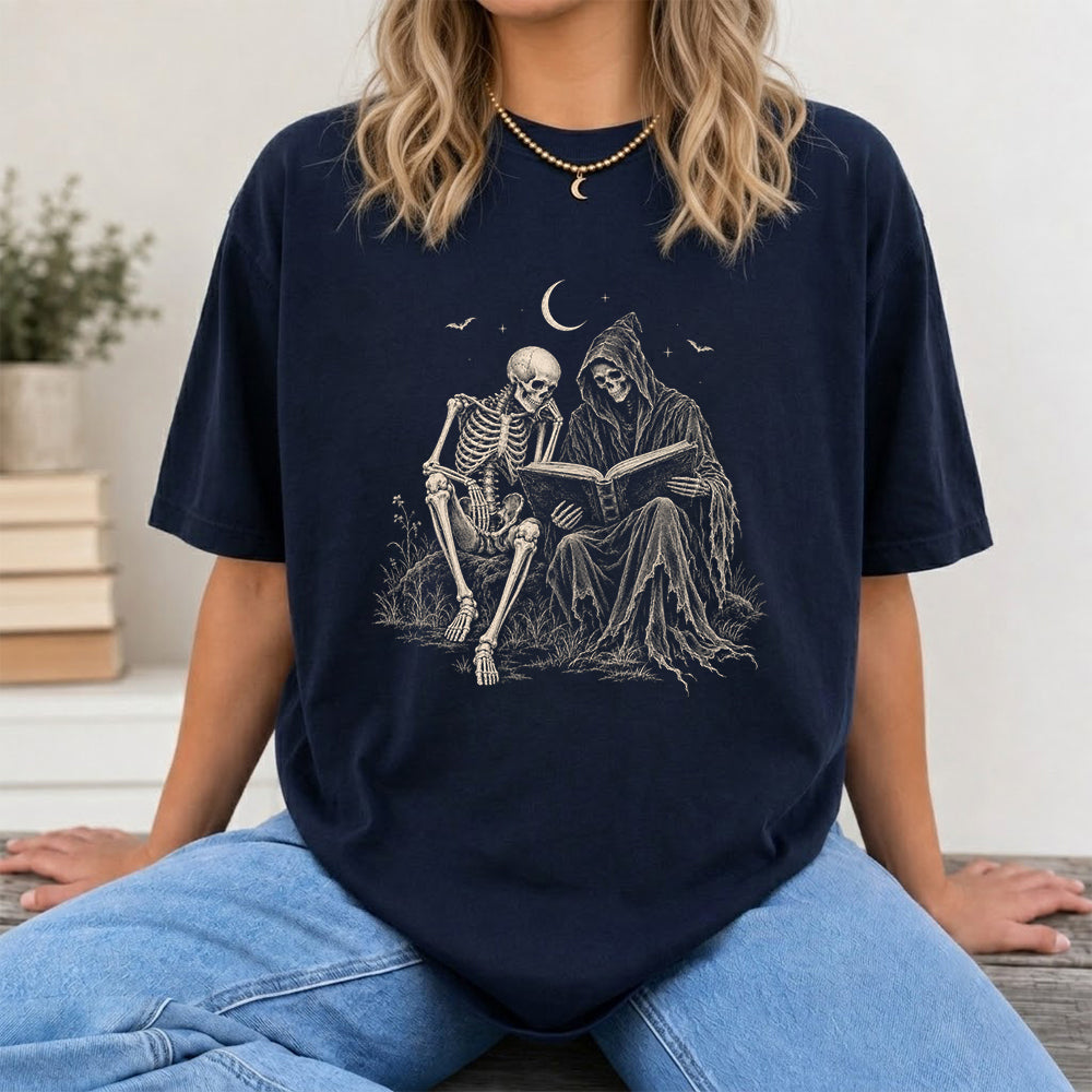 Halloween Reading Buddies Printed T-Shirt | Halloween Book Lover Gift Navy