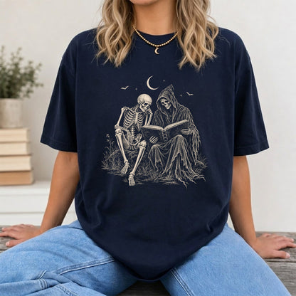 Halloween Reading Buddies Printed T-Shirt | Halloween Book Lover Gift Navy