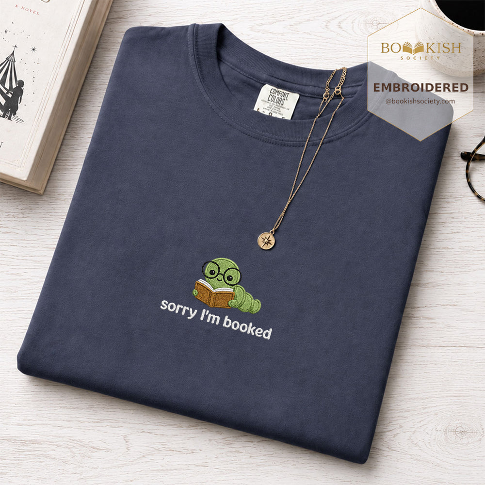Sorry I'm Booked Embroidered Comfort Color® T-shirt | Book Lover Gift Denim