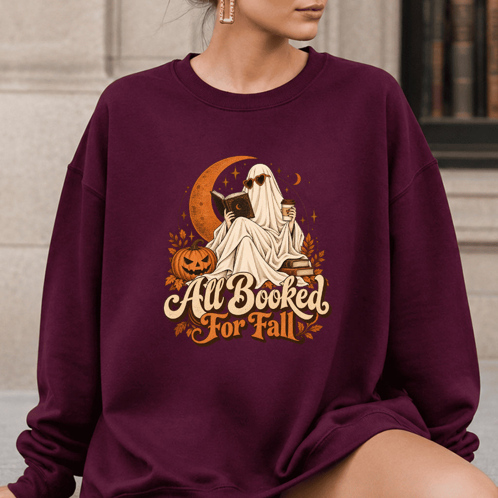 All Booked For Fall Crewneck Sweatshirt | Halloween Reader Gift Maroon