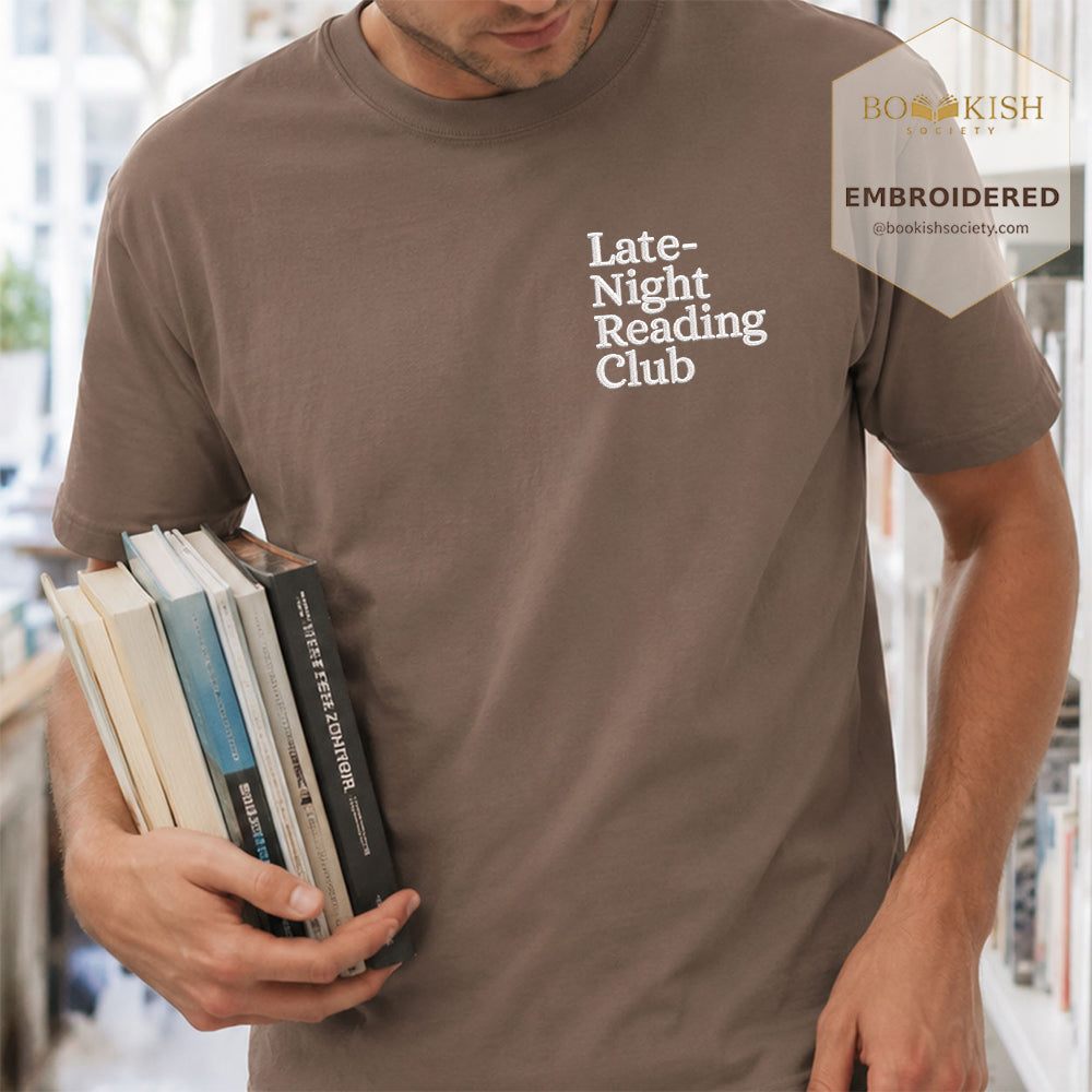 Late Night Reading Club Embroidered Comfort Color® T-shirt | Book Lover Gift Espresso