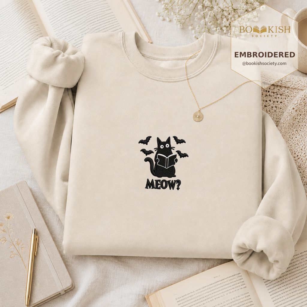 Halloween Meow Embroidered Sweatshirt | Spooky Book Lover Gift Sand