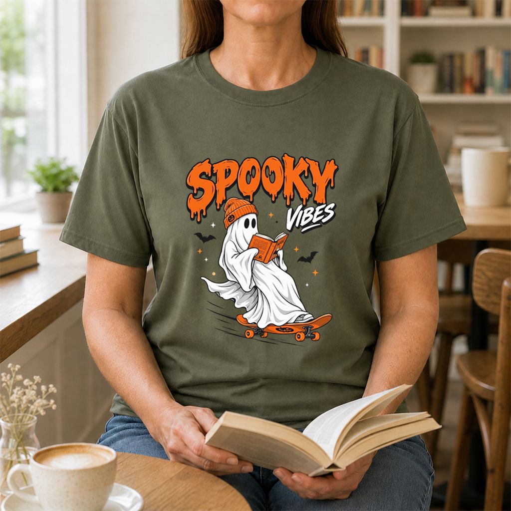 Spooky Vibes Printed T-Shirt | Halloween Book Lover Gift Military Green