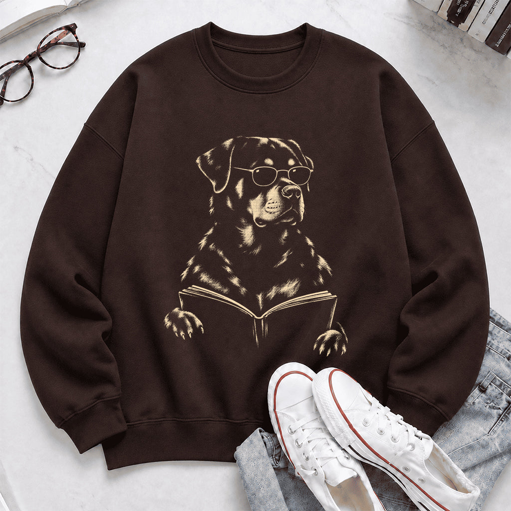 Rottweiler Reading Book Crewneck Sweatshirt | Reader Gift Dark Chocolate