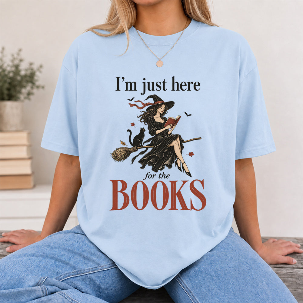 I'M Just Here For The Books Printed T-Shirt | Halloween Book Lover Gift Light Blue