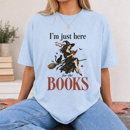 I'M Just Here For The Books Printed T-Shirt | Halloween Book Lover Gift Light Blue