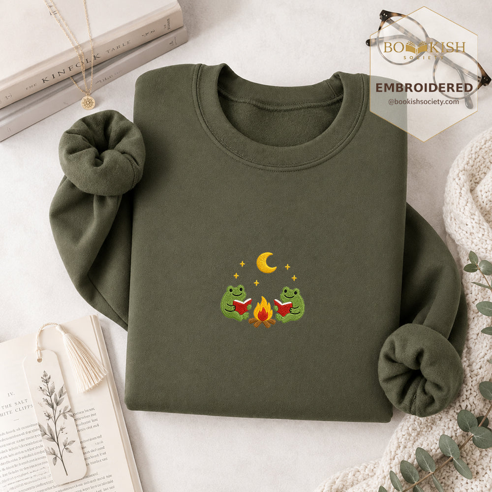 Frog Campfire Embroidered Sweatshirt | Reader Gift Military Green