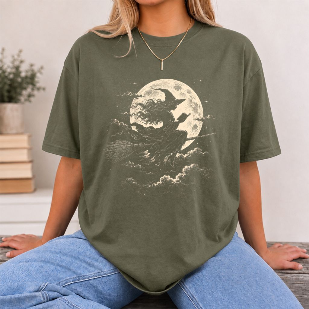 Reading Witch On The Flying Broom Printed T-Shirt | Halloween Book Lover Gift Military Green