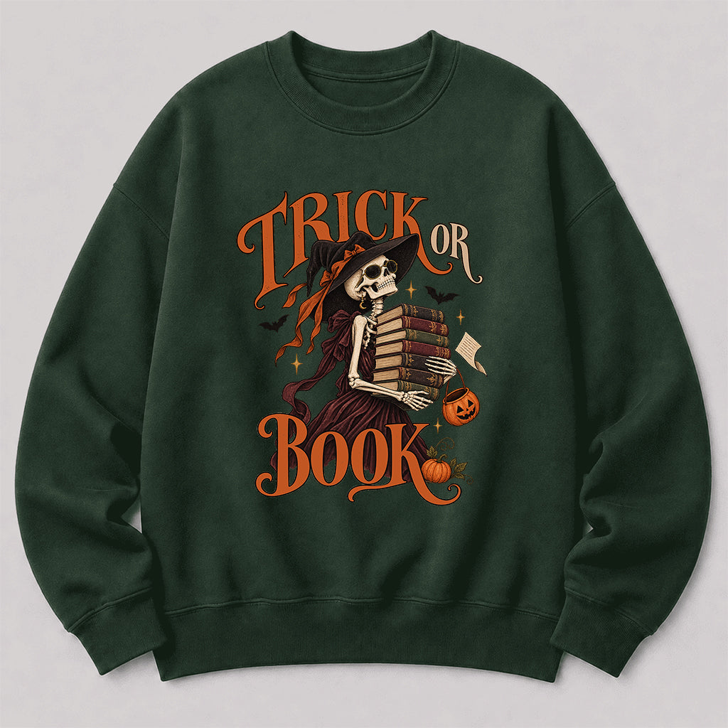 Trick Or Book Printed Sweatshirt | Halloween Book Lover Gift Forest Green