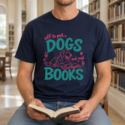 Off To Pet Dogs And Read Books Cotton T-Shirt | Dog Lover & Reader Gift Navy