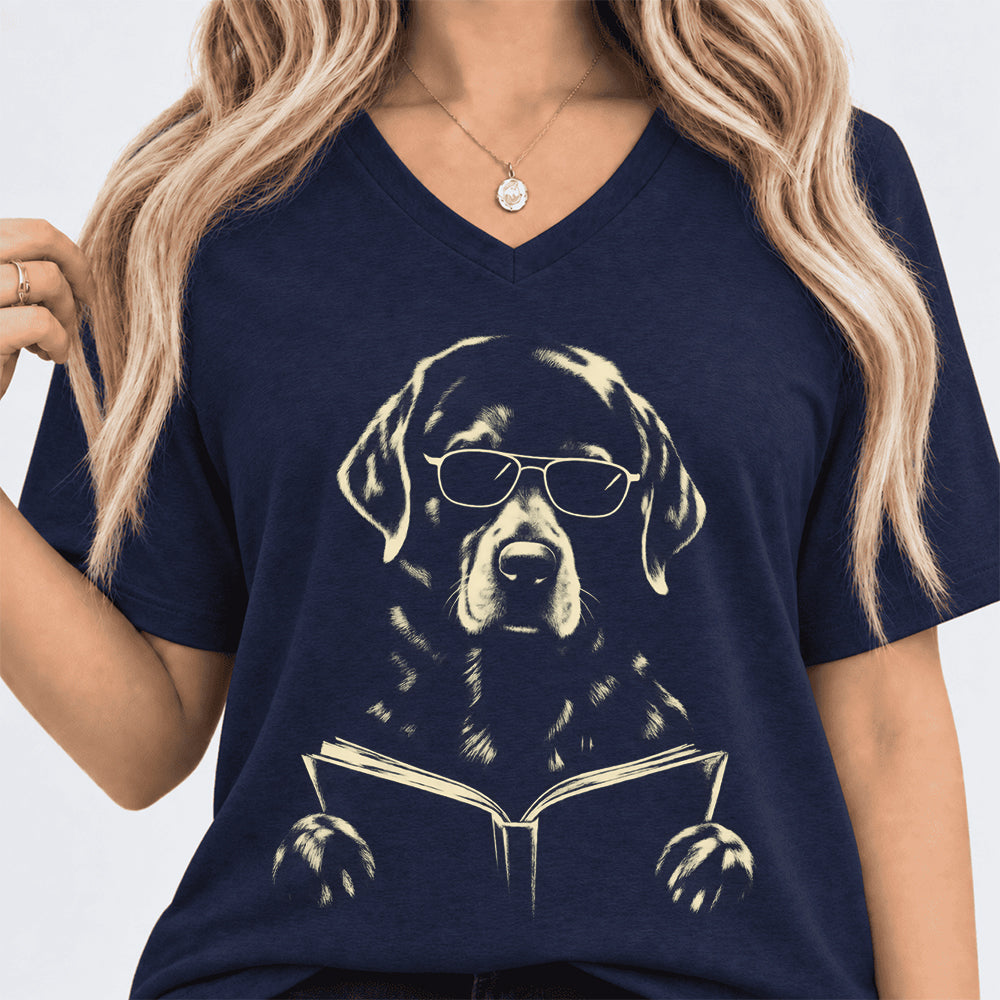 Labrador Retriever Reading Book Ultra-Soft V-Neck | Dog Mom Reader Gift Navy