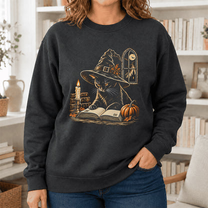 Reading Black Cat Witch Printed Sweatshirt | Halloween Book Lover Gift Dark Heather