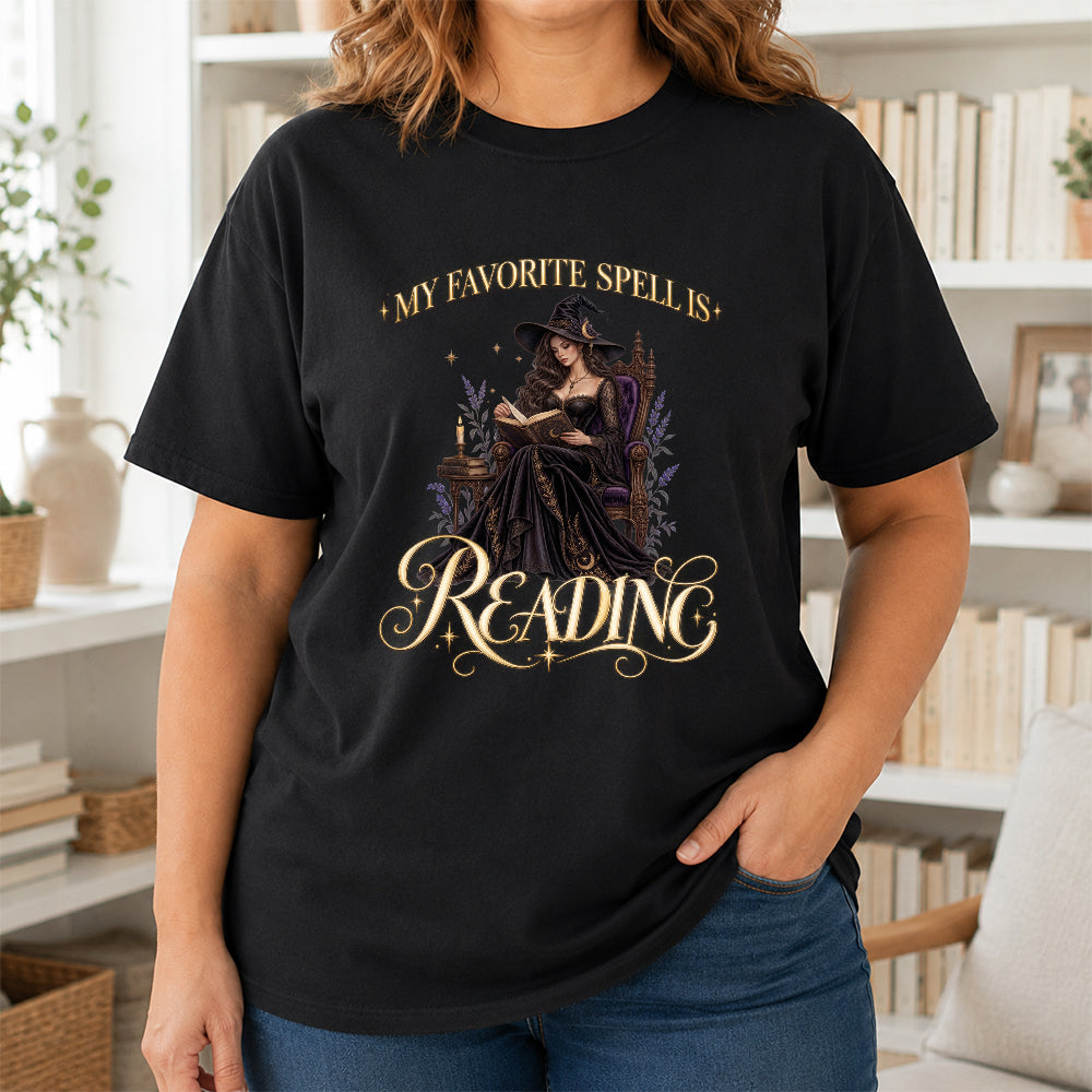 My Favorite Spell Is Reading Printed T-Shirt | Halloween Fantasy Book Lover Gift Black