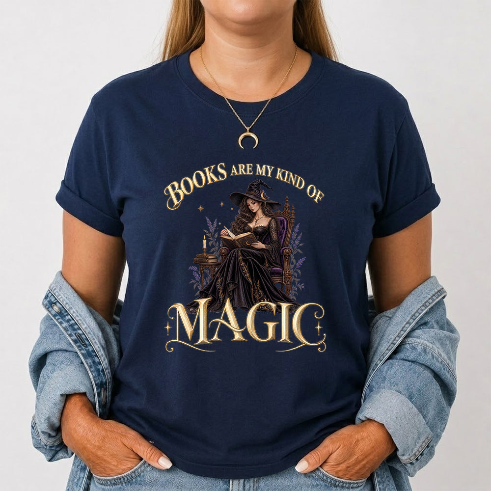 Books Are My Kind Of Magic Printed T-Shirt | Halloween Feminine Magic Reader Gift Navy