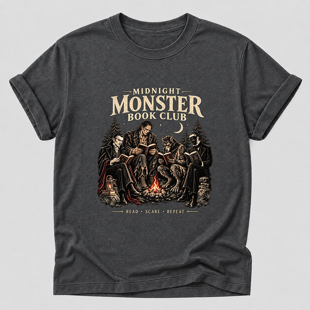 Midnight Monster Book Club Printed T-Shirt | Halloween Book Lover Gift Dark Heather