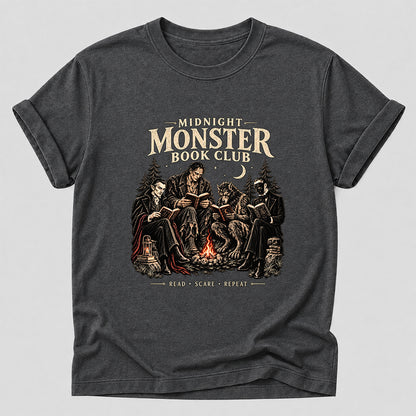 Midnight Monster Book Club Printed T-Shirt | Halloween Book Lover Gift Dark Heather