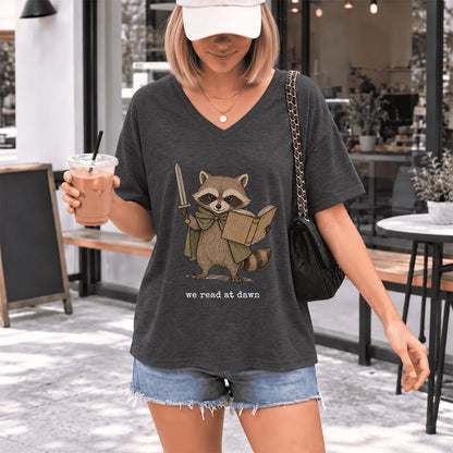 We Read At Dawn Funny Racoon Ultra-Soft V-Neck | Cozy Book Lover Gift Dark Grey Heather