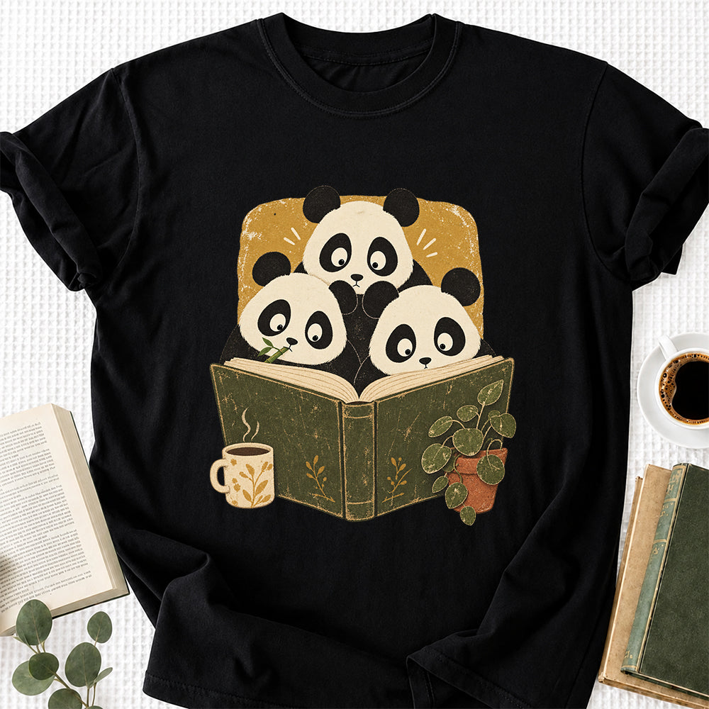 Minimal Japanese Pandas Reading Softstyle T-Shirt | Book Lover Gift Black