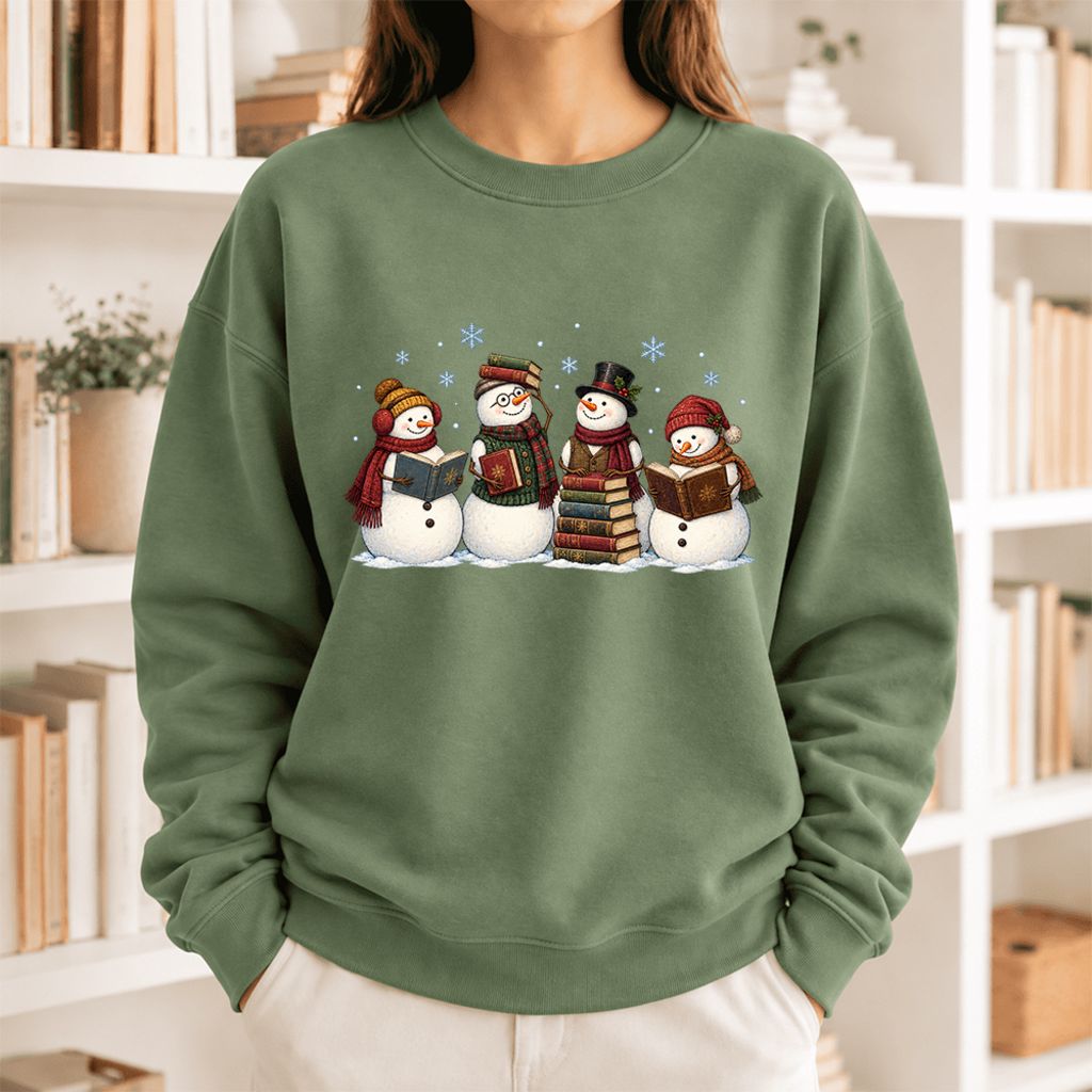 Bookish Snowman Club Softstyle Sweatshirt | Christmas Book Lover Gift Military Green