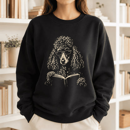 Poodle Reading Book Crewneck Sweatshirt | Reader Gift Black