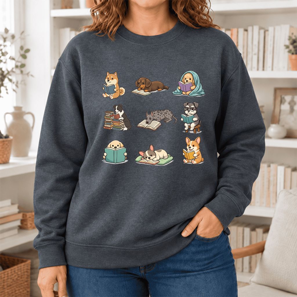Funny Reading Dogs Embroidered Sweatshirt | Dog Mom Reader Gift Dark Heather