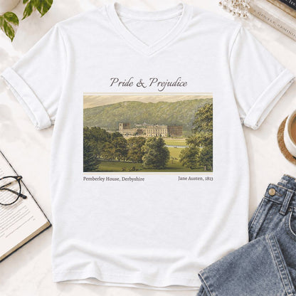 Pemberley House Pride And Prejudice Ultra-Soft V-Neck | Classic Literature Reader Gift White