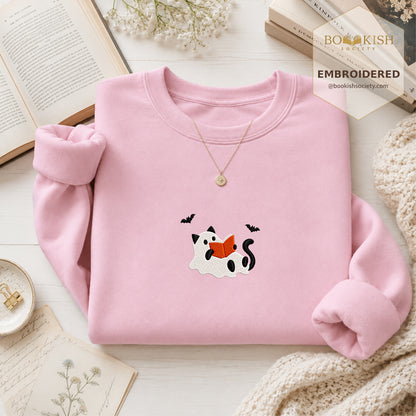 Reading Ghost Cat Embroidered Sweatshirt | Spooky Halloween Reader Gift Light Pink