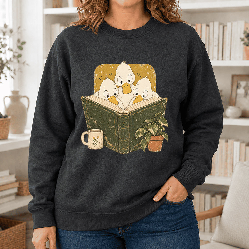 Minimal Japanese Ducks Reading Crewneck Sweatshirt | Reader Gift Dark Heather