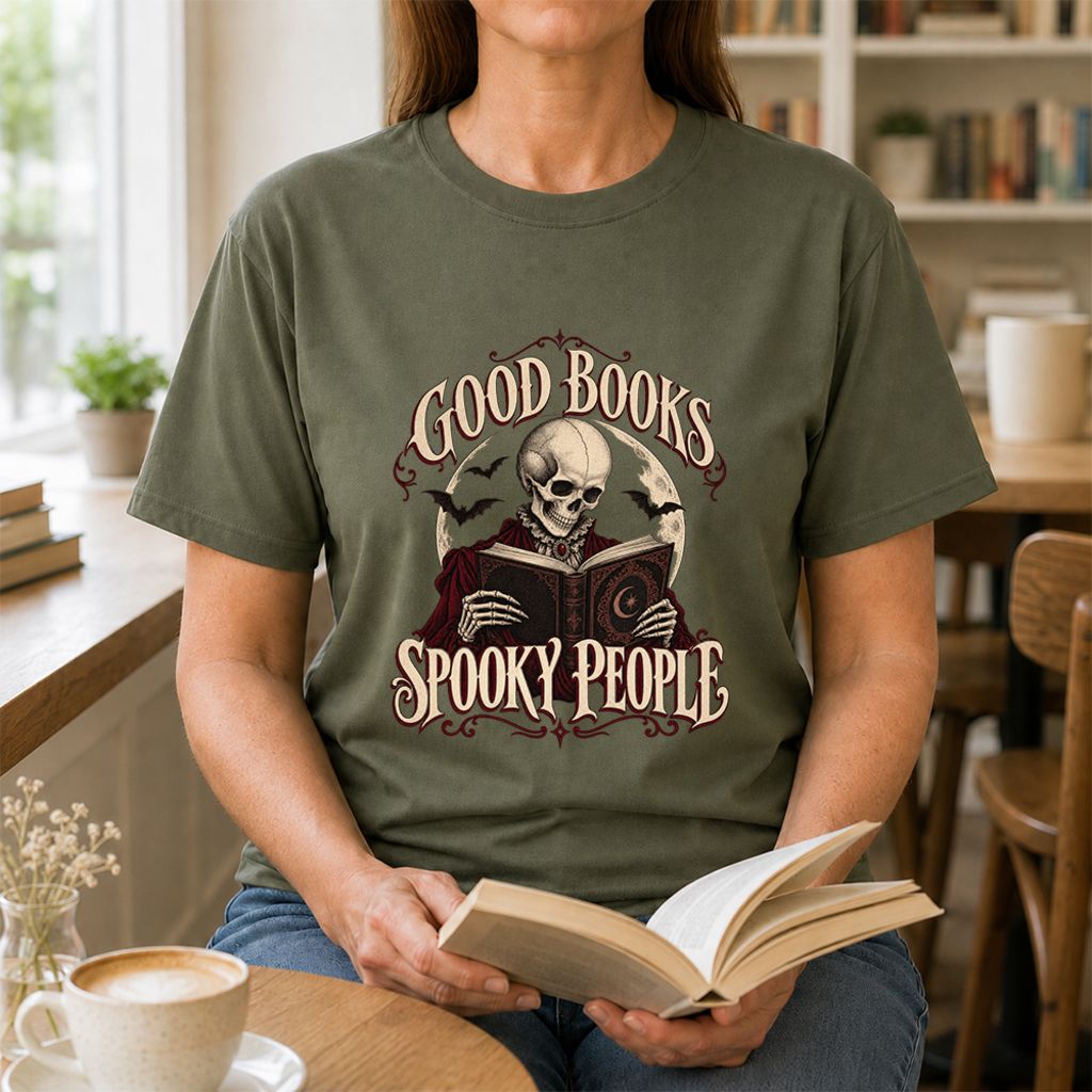 Good Books Spooky People Printed T-Shirt | Halloween Book Lover Gift Military Green
