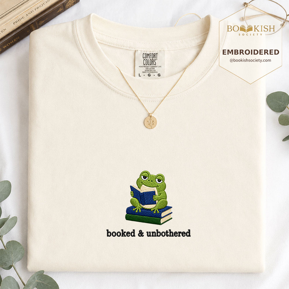 Booked and Unbothered Embroidered Comfort Color® T-shirt | Book Lover Gift Ivory