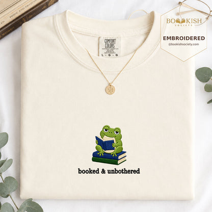 Booked and Unbothered Embroidered Comfort Color® T-shirt | Book Lover Gift Ivory