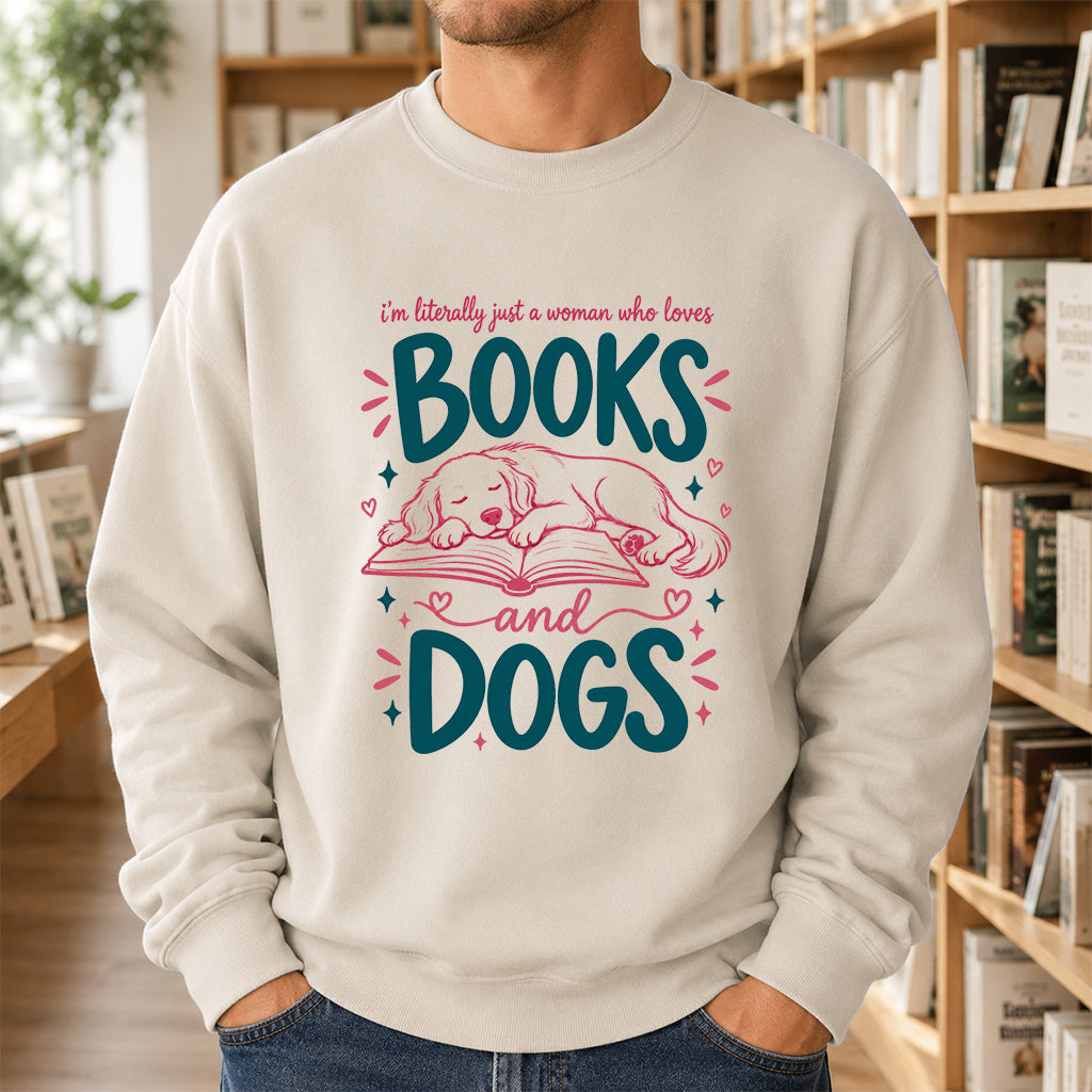 Just A Woman Who Loves Books and Dogs Crewneck Sweatshirt |  Dog Lover & Reader Gift Sand