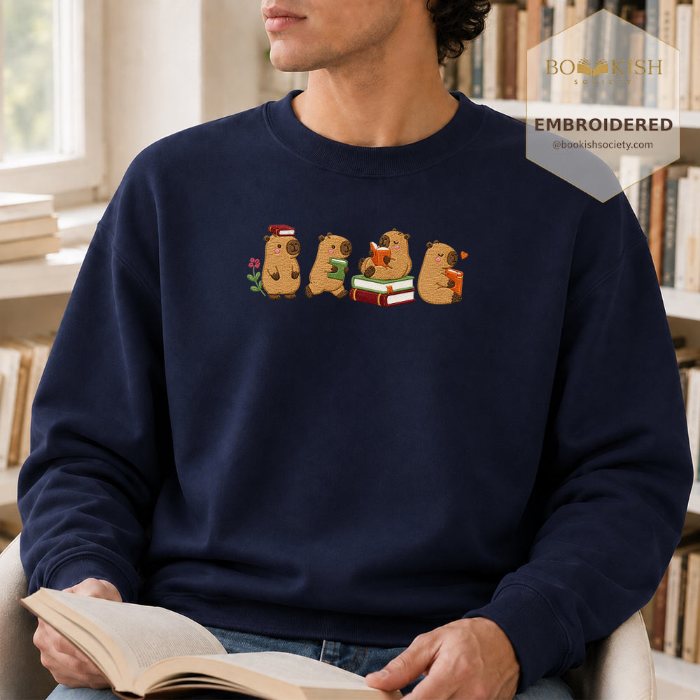Reading Capybaras Embroidered Sweatshirt | Reader Gift Navy