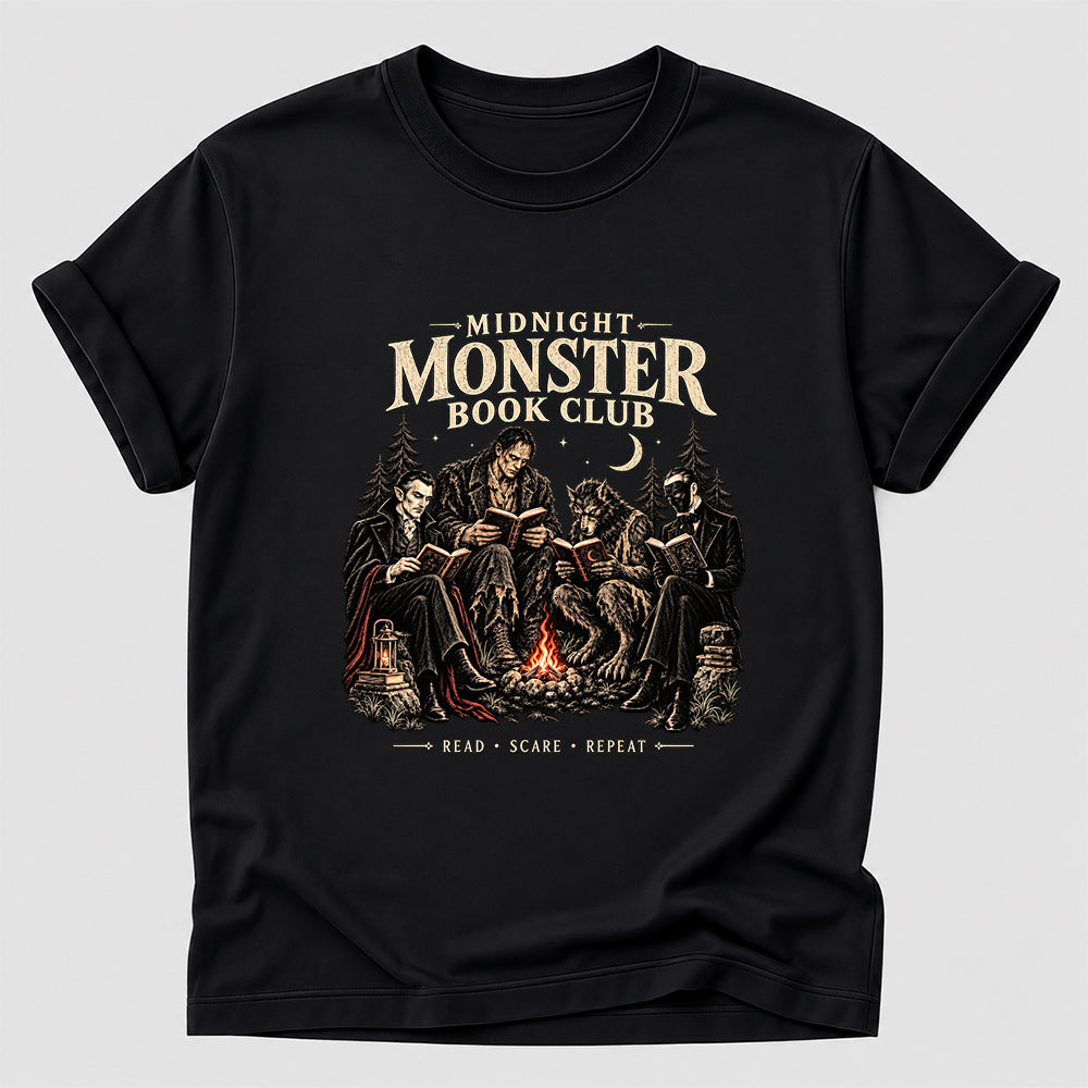 Midnight Monster Book Club Printed T-Shirt | Halloween Book Lover Gift Black
