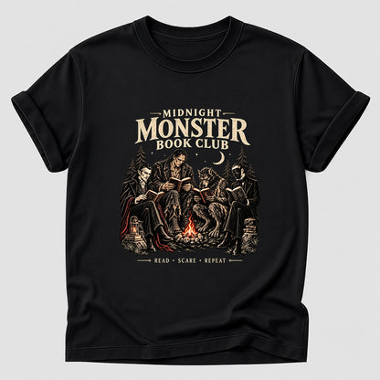 Midnight Monster Book Club Printed T-Shirt | Halloween Book Lover Gift Black