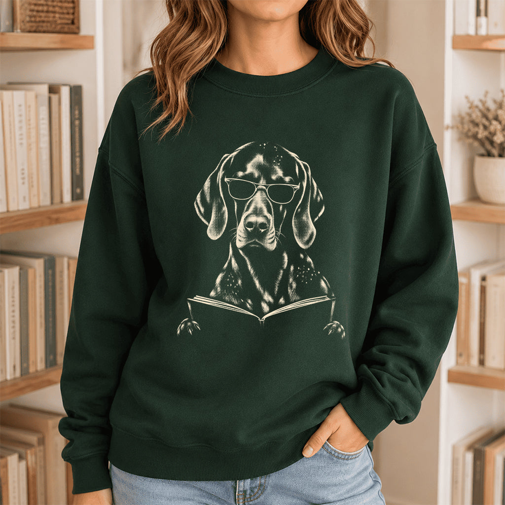 German Shorthaired Pointer Reading Book Crewneck Sweatshirt | Reader Gift Forest Green