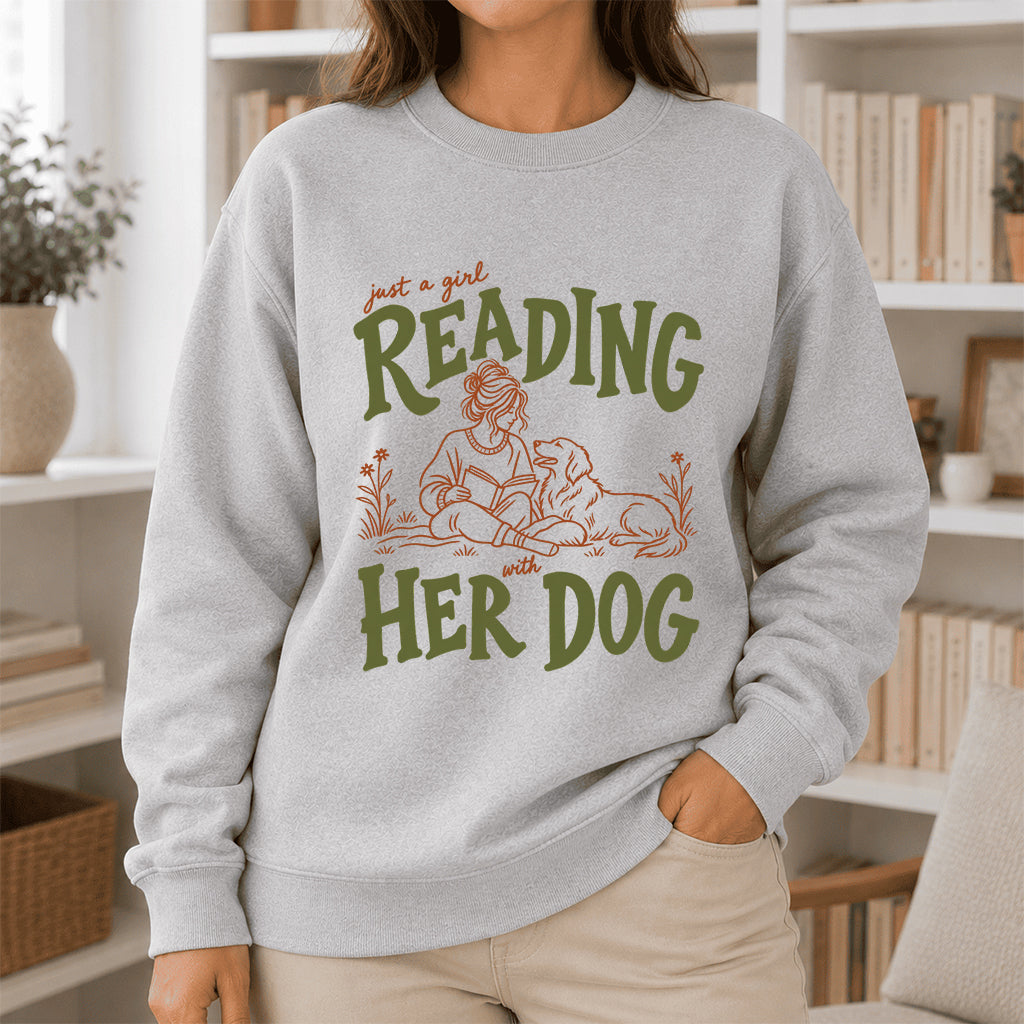 Just A Girl Reading With Her Dog Crewneck Sweatshirt | Reader Gift Sport Grey