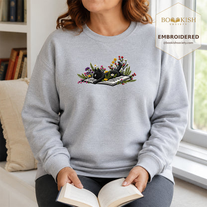 Cat and Book Embroidered Sweatshirt | Reader Gift Sport Grey