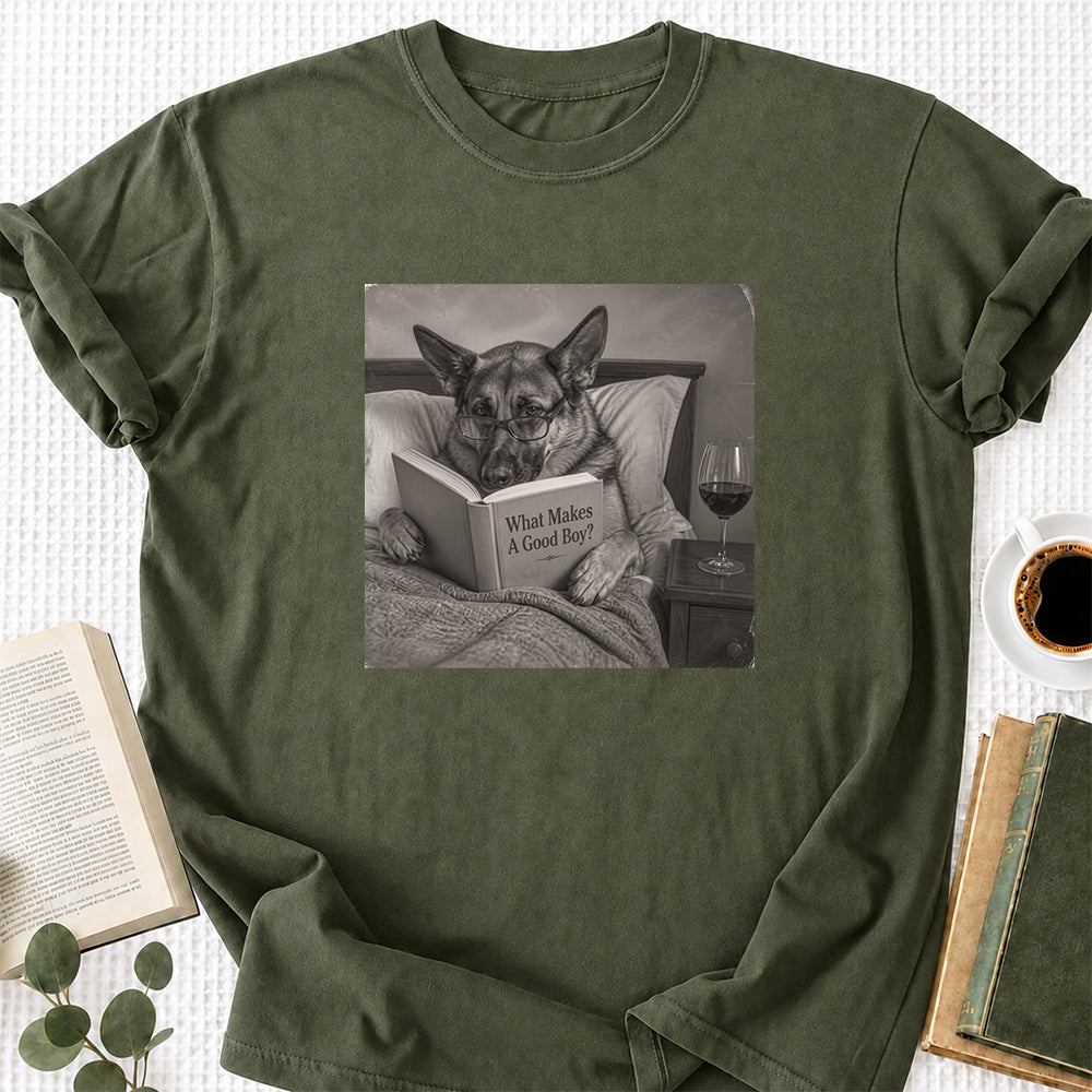 What Makes A Good Boy Printed T-Shirt | Cozy German Shepherd Mom Reader Gift Military Green