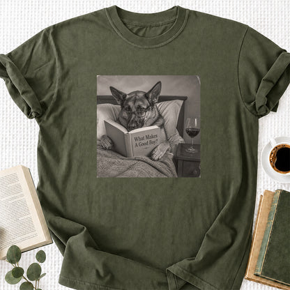 What Makes A Good Boy Printed T-Shirt | Cozy German Shepherd Mom Reader Gift Military Green