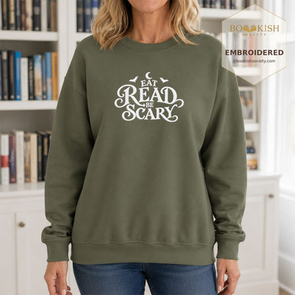 Eat Read Be Scary Embroidered Sweatshirt | Halloween Book Lover Gift Military Green