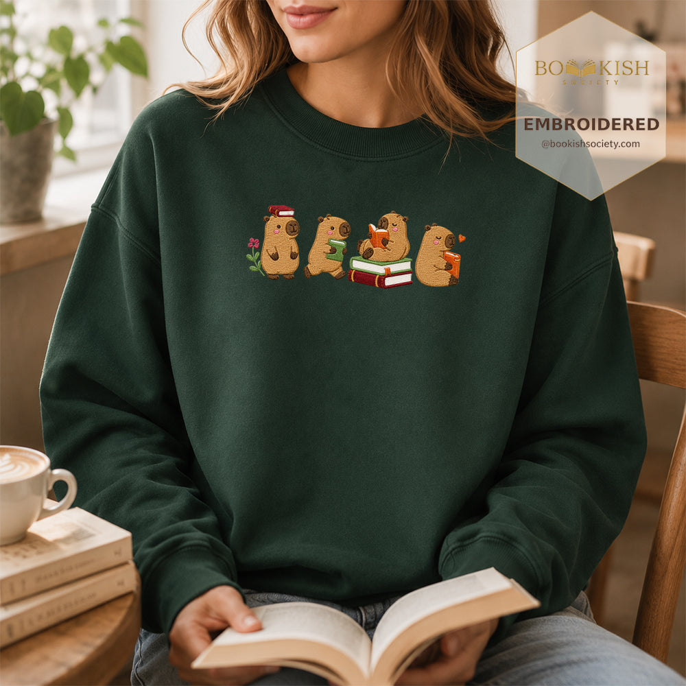 Reading Capybaras Embroidered Sweatshirt | Reader Gift Forest Green