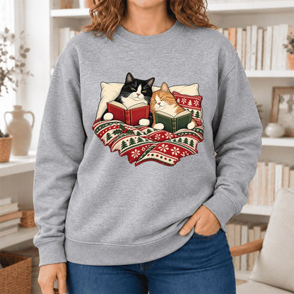 Christmas Reading Cat Couple Softstyle Sweatshirt | Cozy Christmas Gift Sport Grey