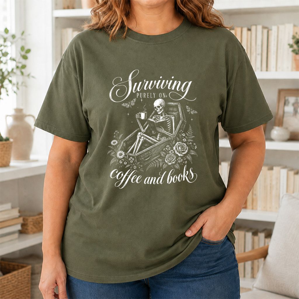 Surviving Purely On Coffee And Books Printed T-Shirt | Halloween Book Lover Gift Military Green