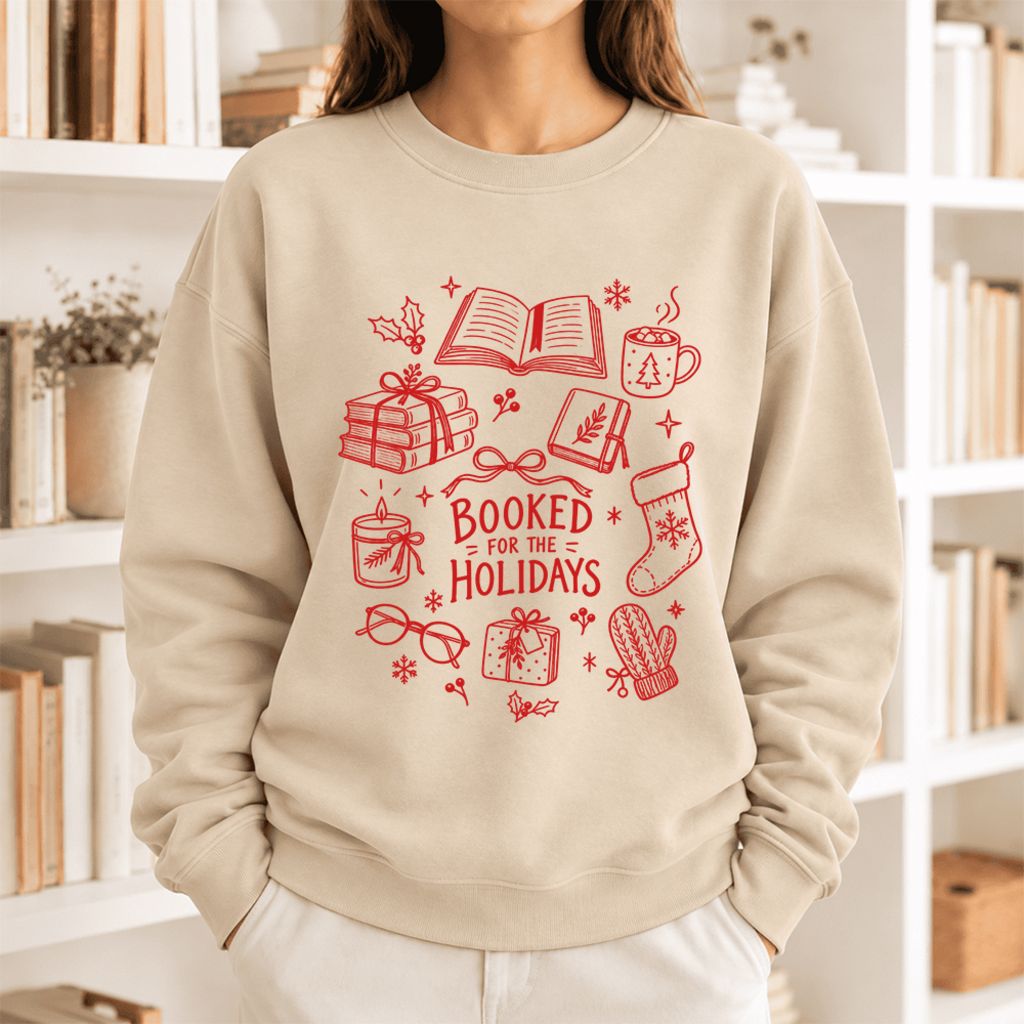 Booked For The Holidays Softstyle Sweatshirt | Christmas Book Lover Gift Sand
