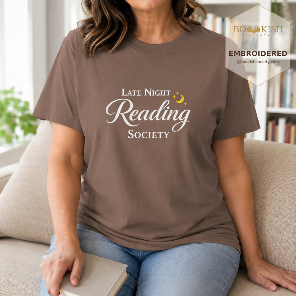 Late Night Reading Society Embroidered Comfort Color® T-shirt | Book Lover Gift Espresso